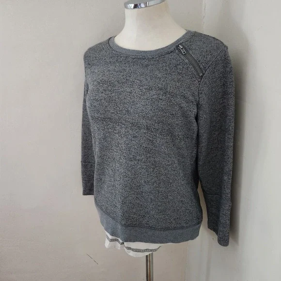 Max Jeans Womens Gray Layered Look Sweatshirt Shoulder Zip Striped Hem Small - Picture 5 of 5